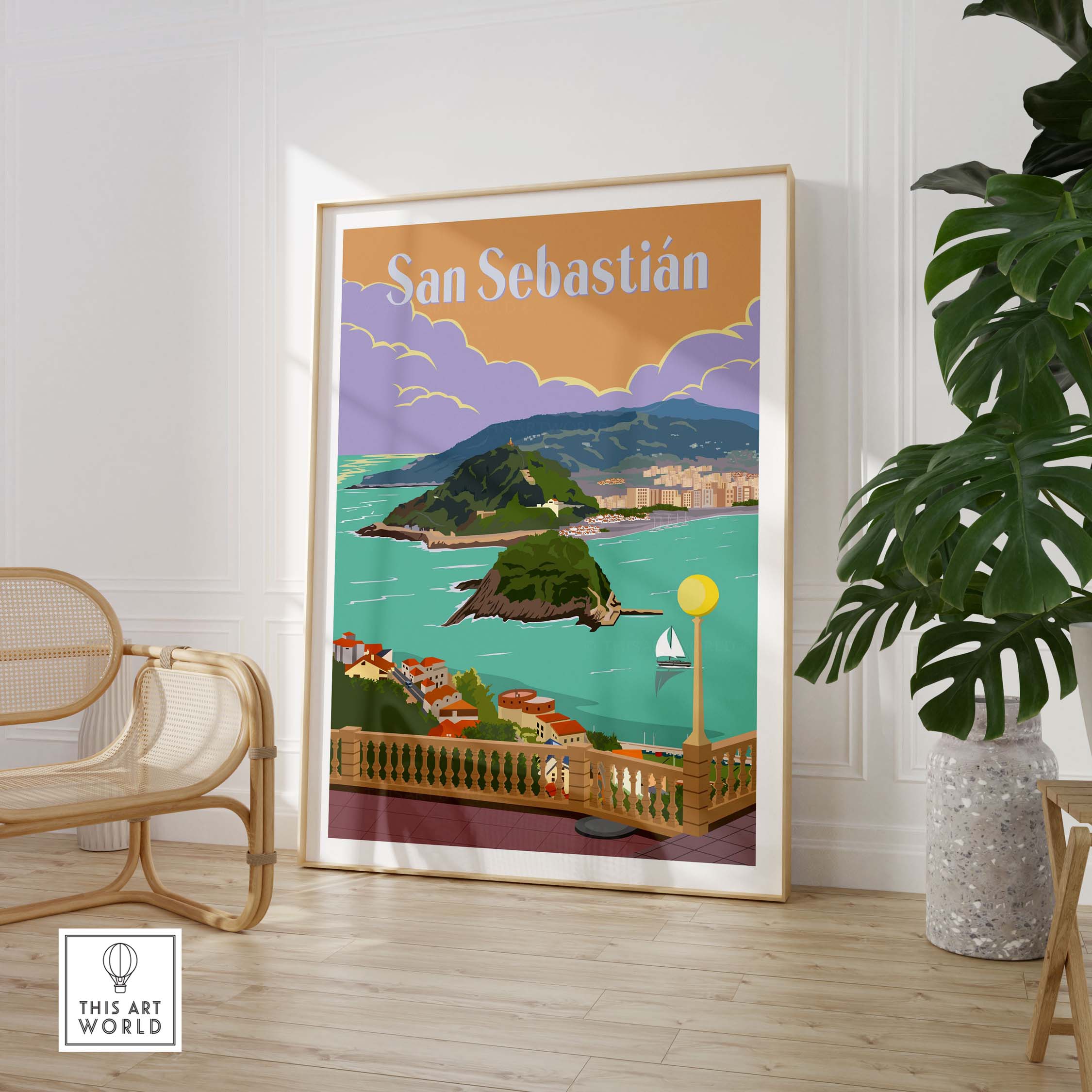 San Sebastian Spain poster print featuring scenic coastal view and vibrant colors, perfect for home decor.