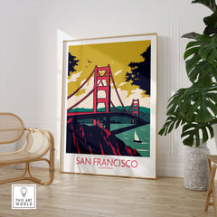 Vintage San Francisco Poster Print featuring the Golden Gate Bridge, perfect for home or office decor.