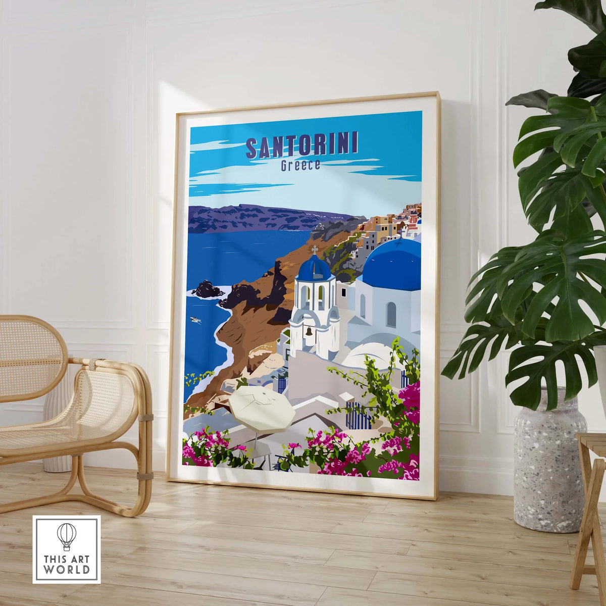 Santorini poster print wall art featuring blue domes and coastal scenery, perfect for travel enthusiasts.