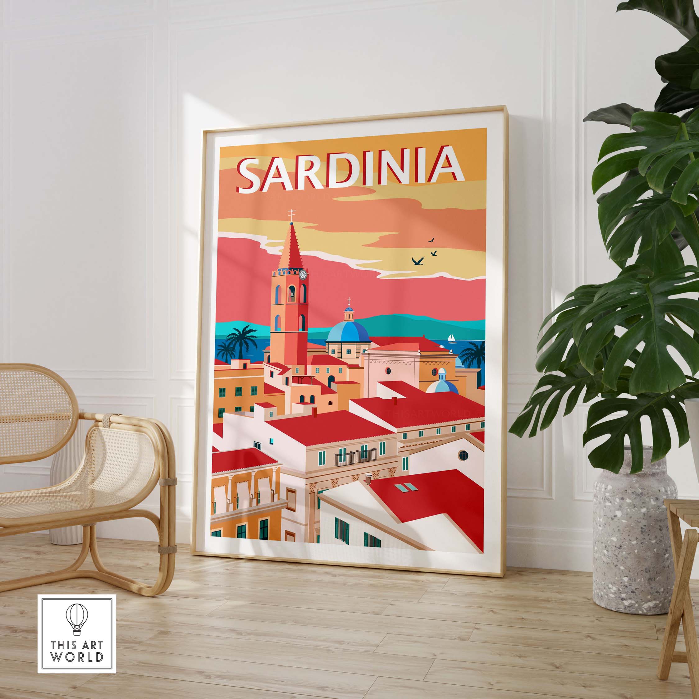Sardinia poster print featuring a colorful minimalist design of a coastal town, stylish wall art for home or office.