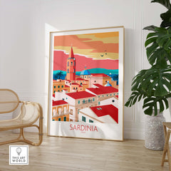 Sardinia Print Italy Travel Poster featuring vibrant colors and a vintage design, perfect for home or office decor.