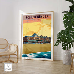 Scheveningen travel poster showcasing Den Haag, vintage-inspired wall art in a stylish living space.
