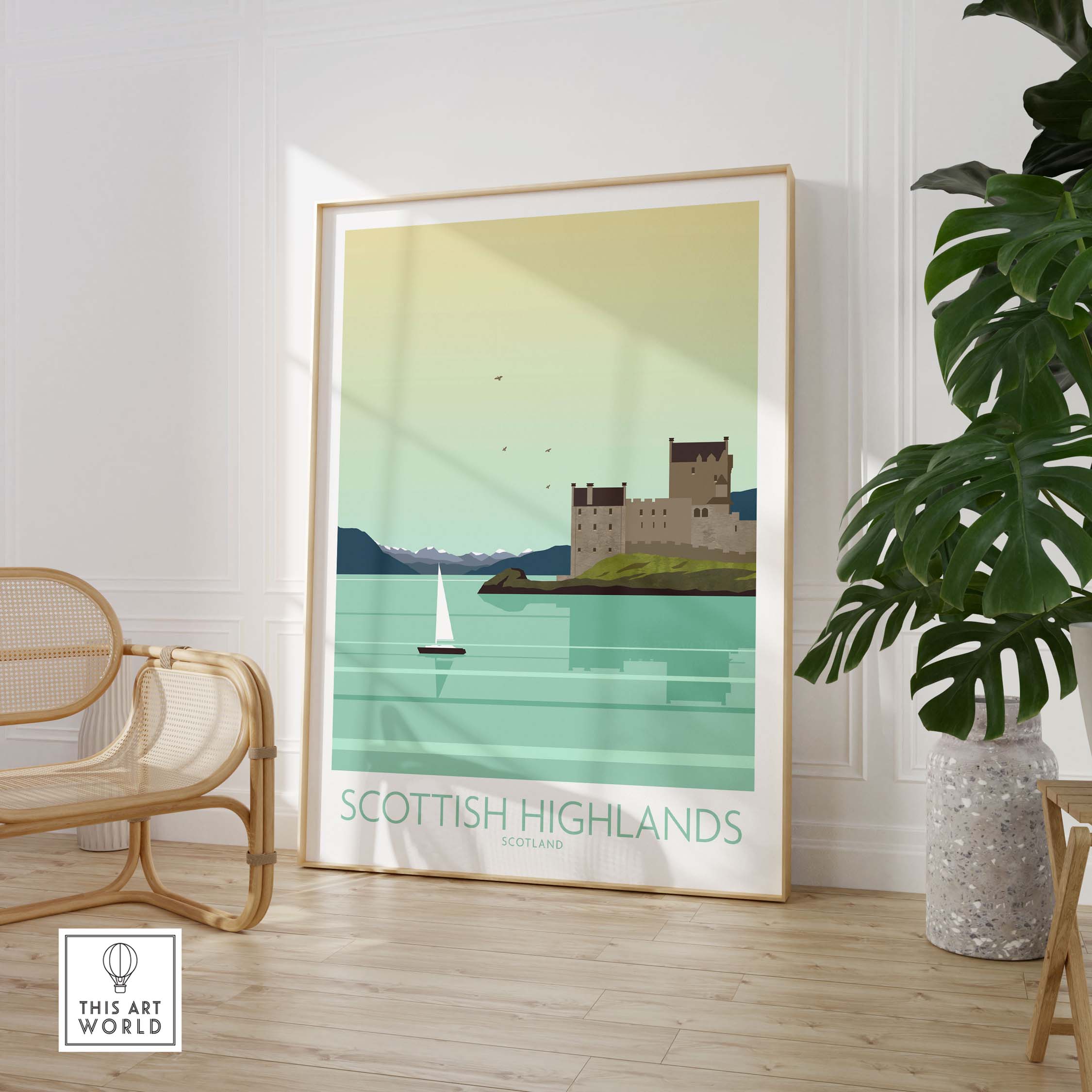 Minimalist Scottish Highlands art print featuring a castle and sailboat, framed in a stylish interior setting.