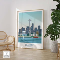 Seattle poster print featuring iconic skyline and Space Needle, perfect for home or office wall art.