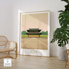 Seoul Print South Korea Travel Poster featuring a vintage-style illustration of a traditional Korean palace.