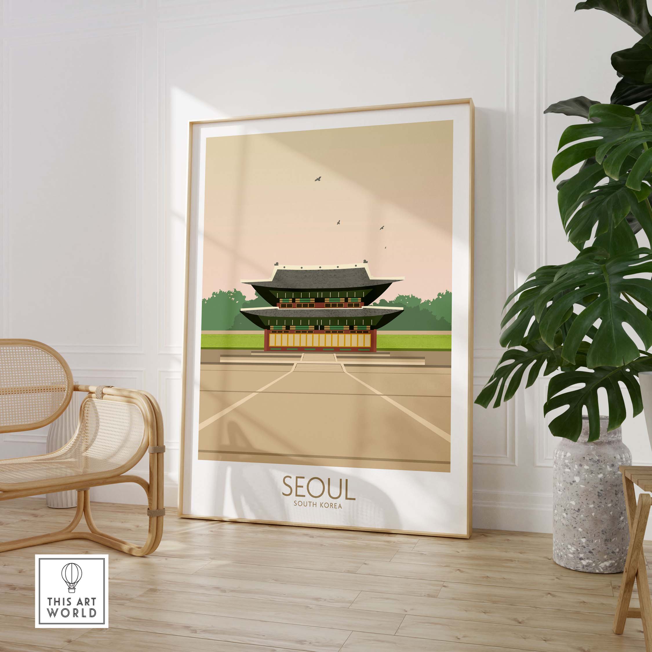 Seoul Print South Korea Travel Poster featuring a vintage-style illustration of a traditional Korean palace.