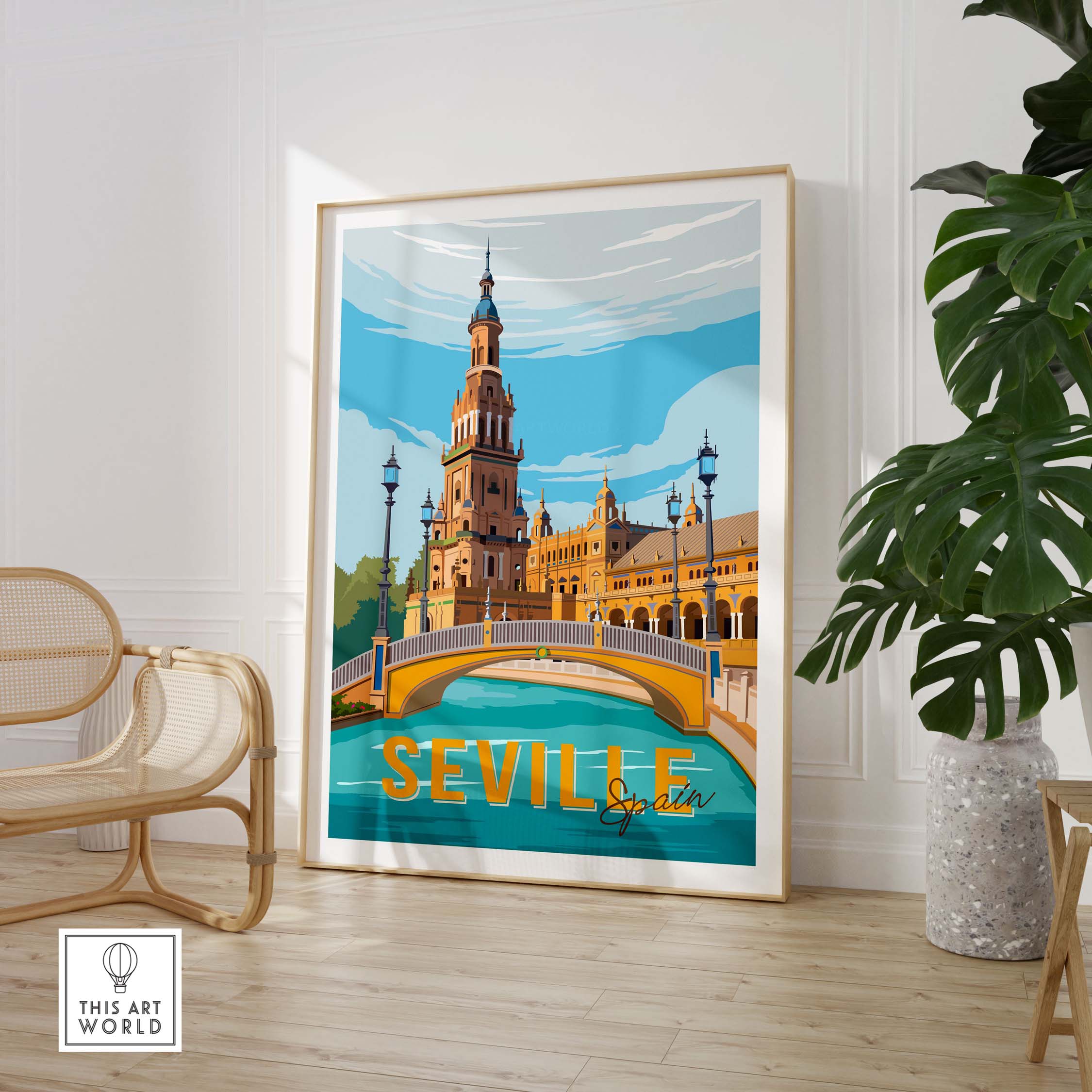Vintage Seville print poster wall art showcasing iconic architecture and vibrant colors, ideal for home decor.