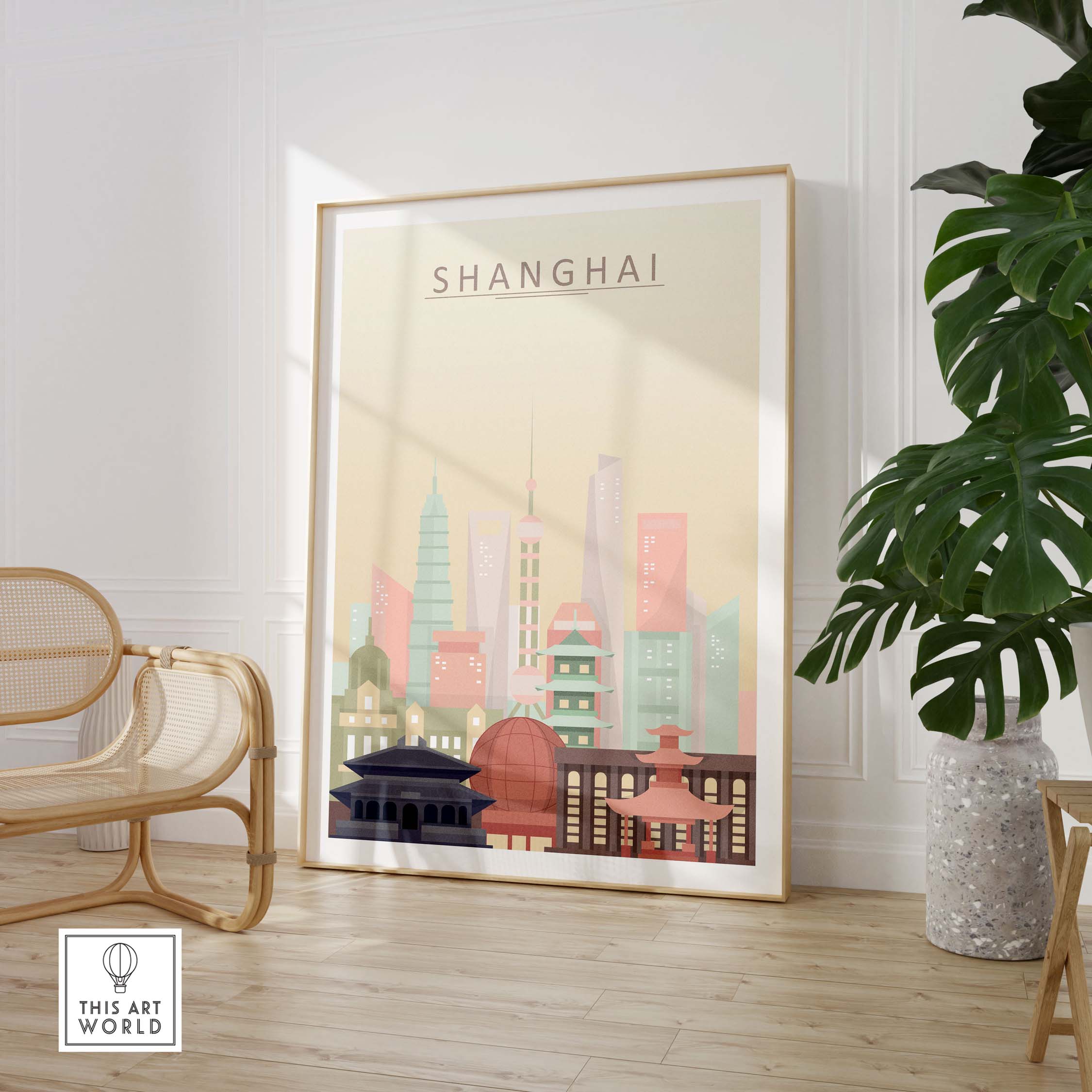 Framed Shanghai skyline print in pastel tones, showcasing iconic buildings, perfect for stylish home decor.