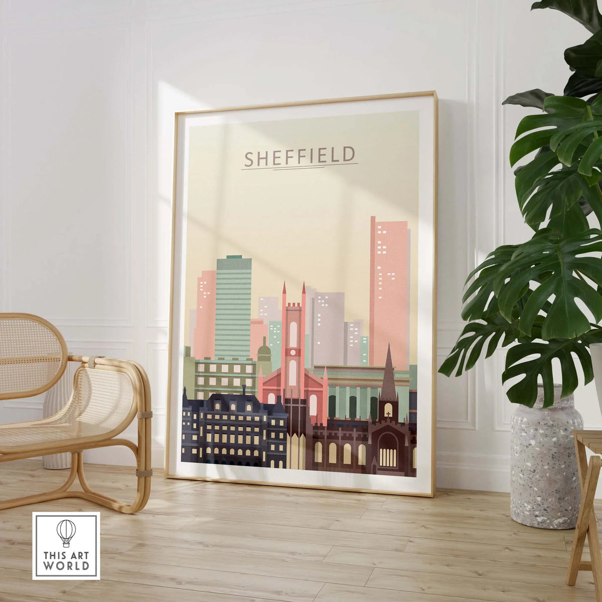 Sheffield Print City Skyline Poster displayed in a modern interior, showcasing iconic buildings in pastel tones.