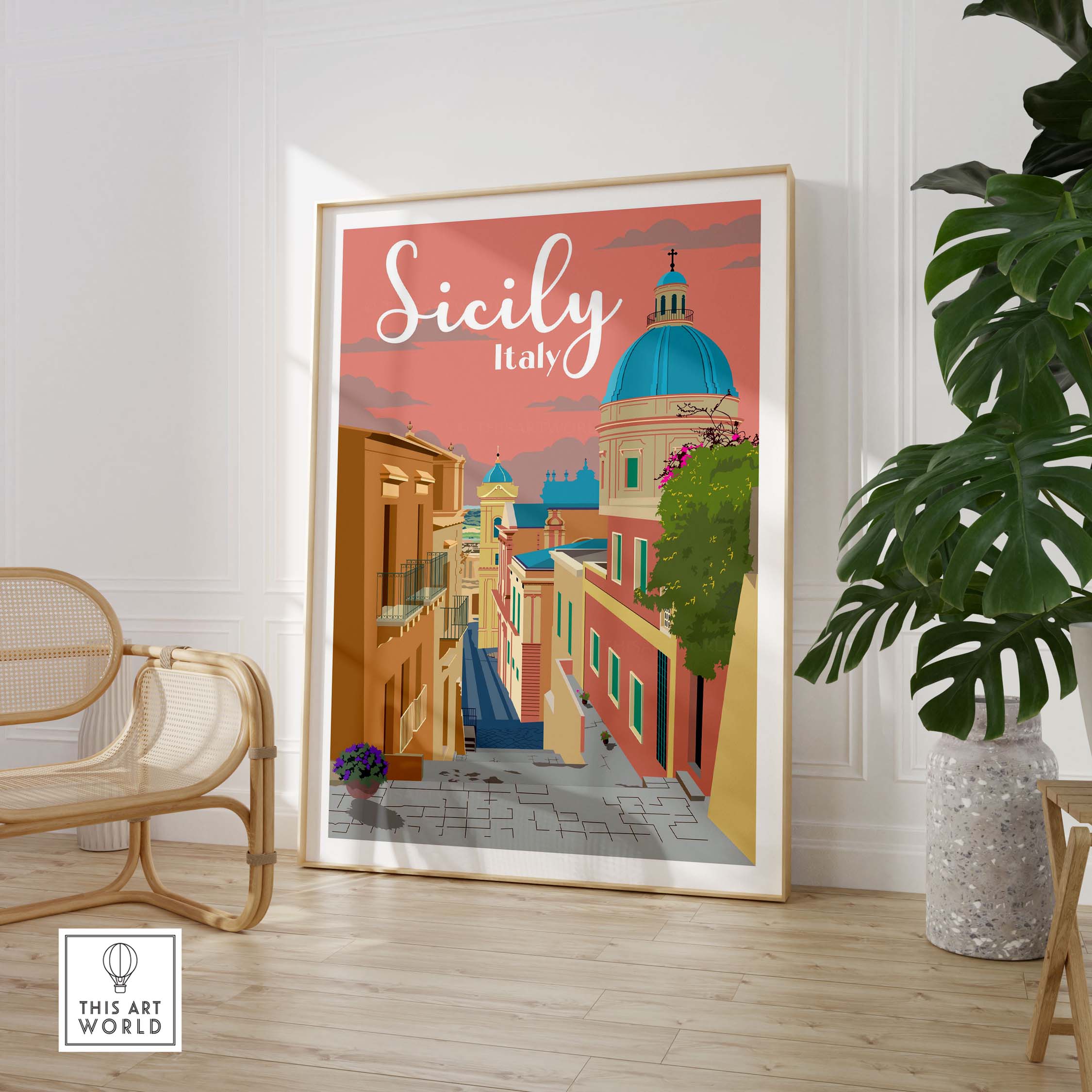 Sicily Italy vintage travel poster featuring colorful buildings and a dome under a pink sky.