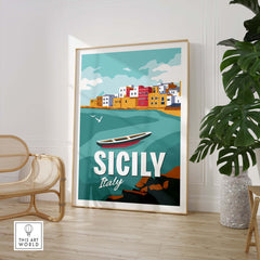 Sicily Poster Wall Art Print featuring colorful coastal scenery and a boat, perfect for home decor.