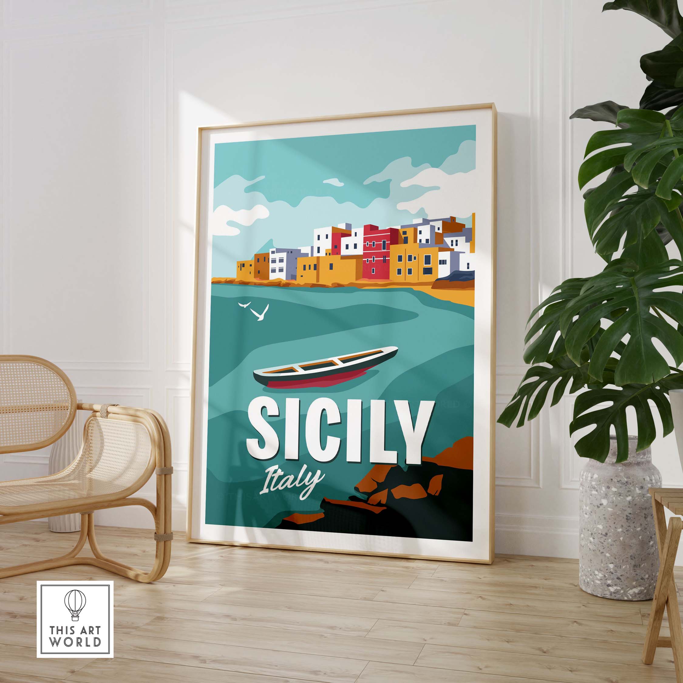 Sicily Poster Wall Art Print featuring colorful coastal scenery and a boat, perfect for home decor.