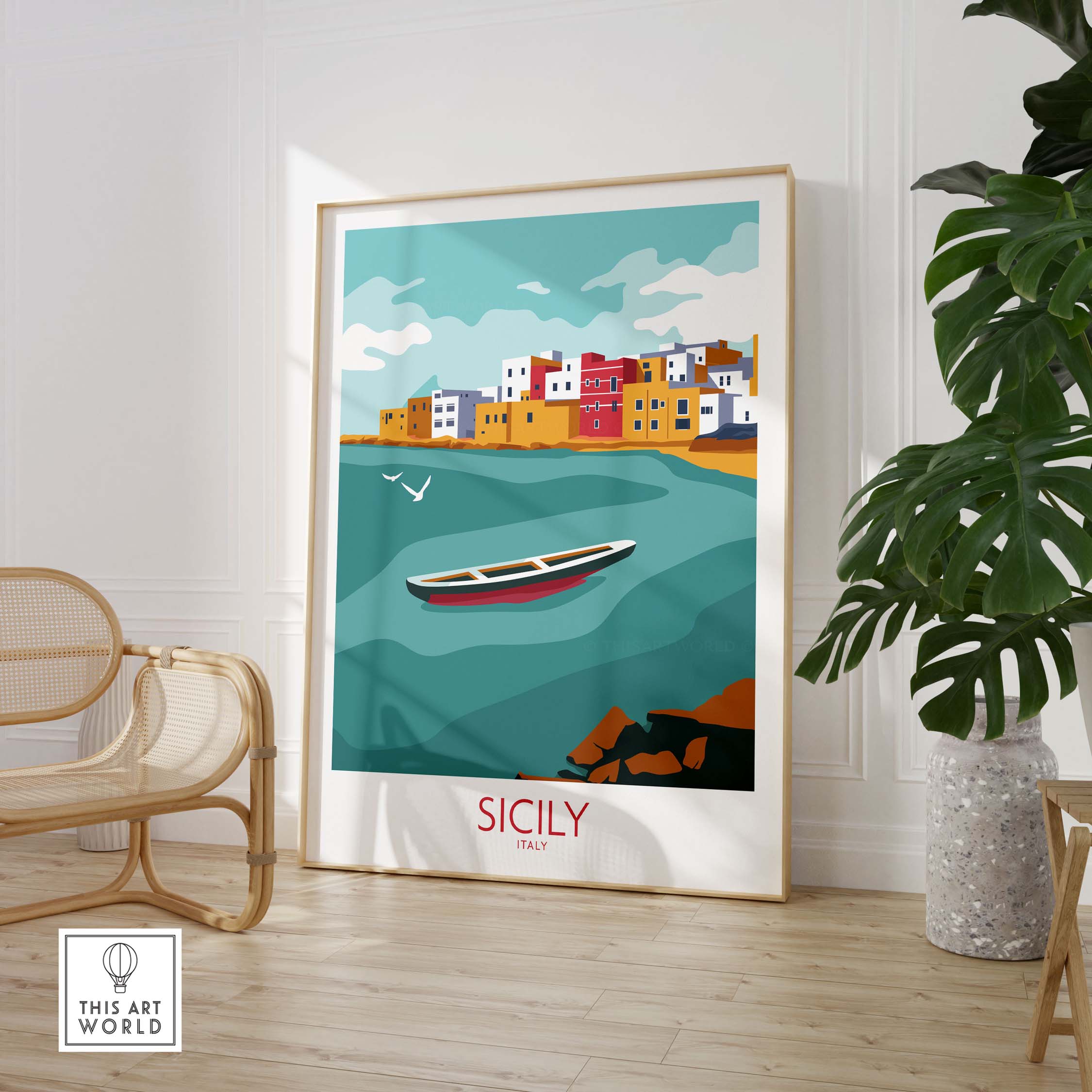 Sicily Poster Travel Art Print featuring a colorful coastal scene with a boat and vibrant houses.