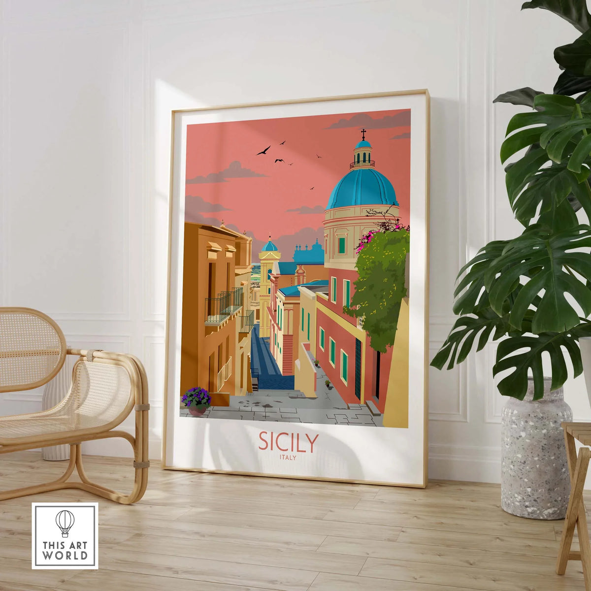 Sicily Poster Italy Wall Art Print showcasing colorful architecture and a blue dome against a sunset backdrop.