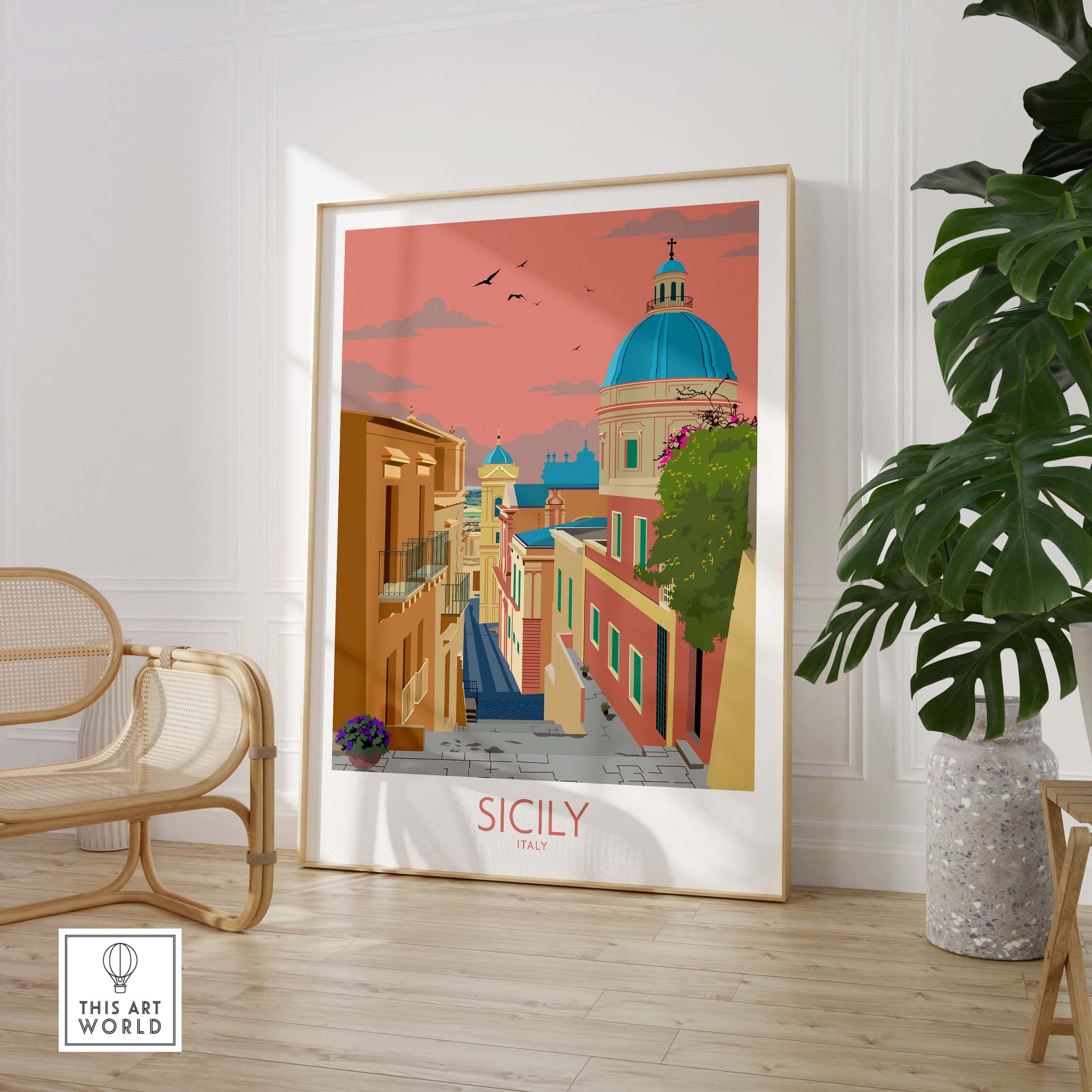 Sicily Poster Italy Wall Art Print showcasing colorful architecture and a blue dome against a sunset backdrop.