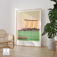 Vintage-inspired Singapore travel poster featuring the Marina Bay Sands in a stylish room setting.