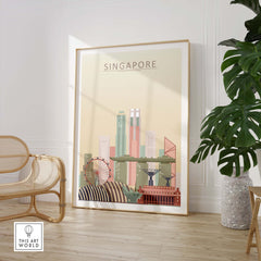 Singapore skyline print in pastel tones, framed wall art poster showcasing iconic architecture.