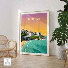 Skiathos travel poster print showcasing a coastal landscape in Greece, framed and displayed in a modern interior.
