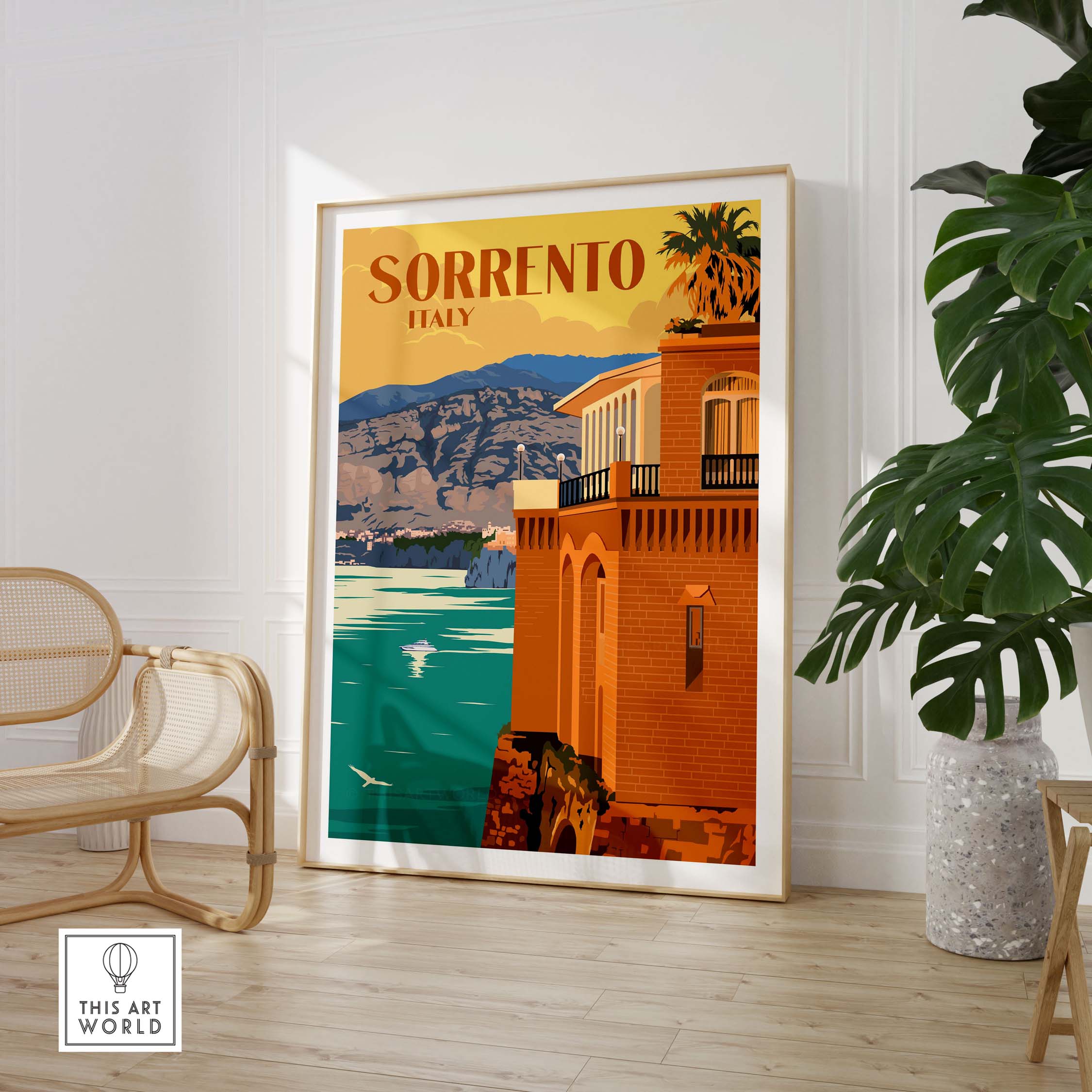 Sorrento Poster Print Wall Art showcasing vibrant Italy scenery, framed, stylish decor for travel lovers.
