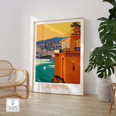 Sorrento travel poster print showcasing colorful artwork of the Bay of Naples and Italian architecture.