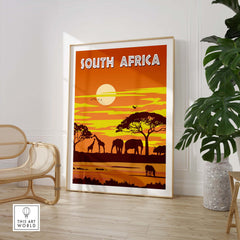 South Africa poster featuring elephants and sunset, perfect for travel lovers and minimalist home décor.