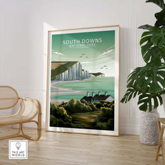 South Downs Poster in minimalist style, showcasing a scenic National Park landscape with cliffs and greenery.