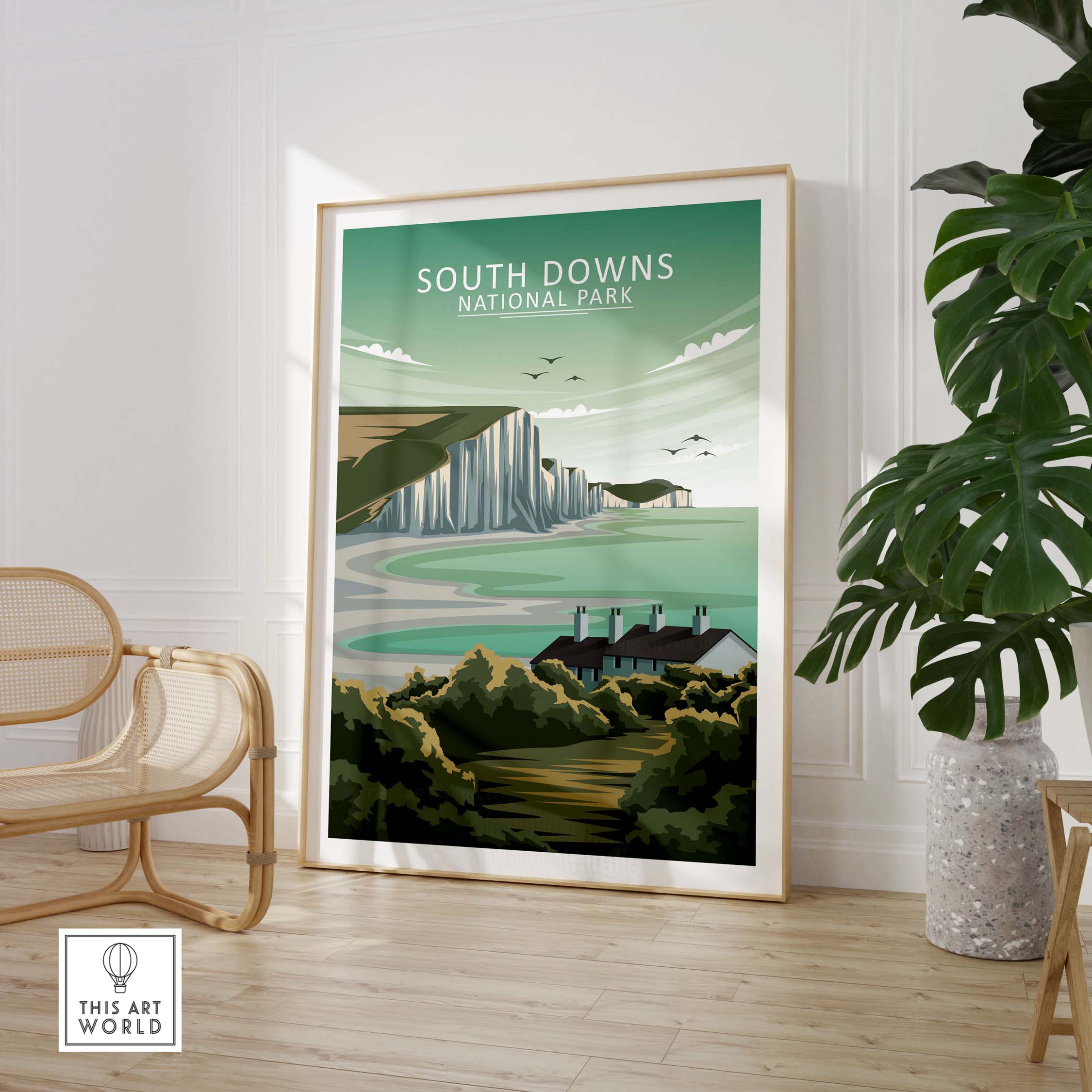 South Downs Poster in minimalist style, showcasing a scenic National Park landscape with cliffs and greenery.