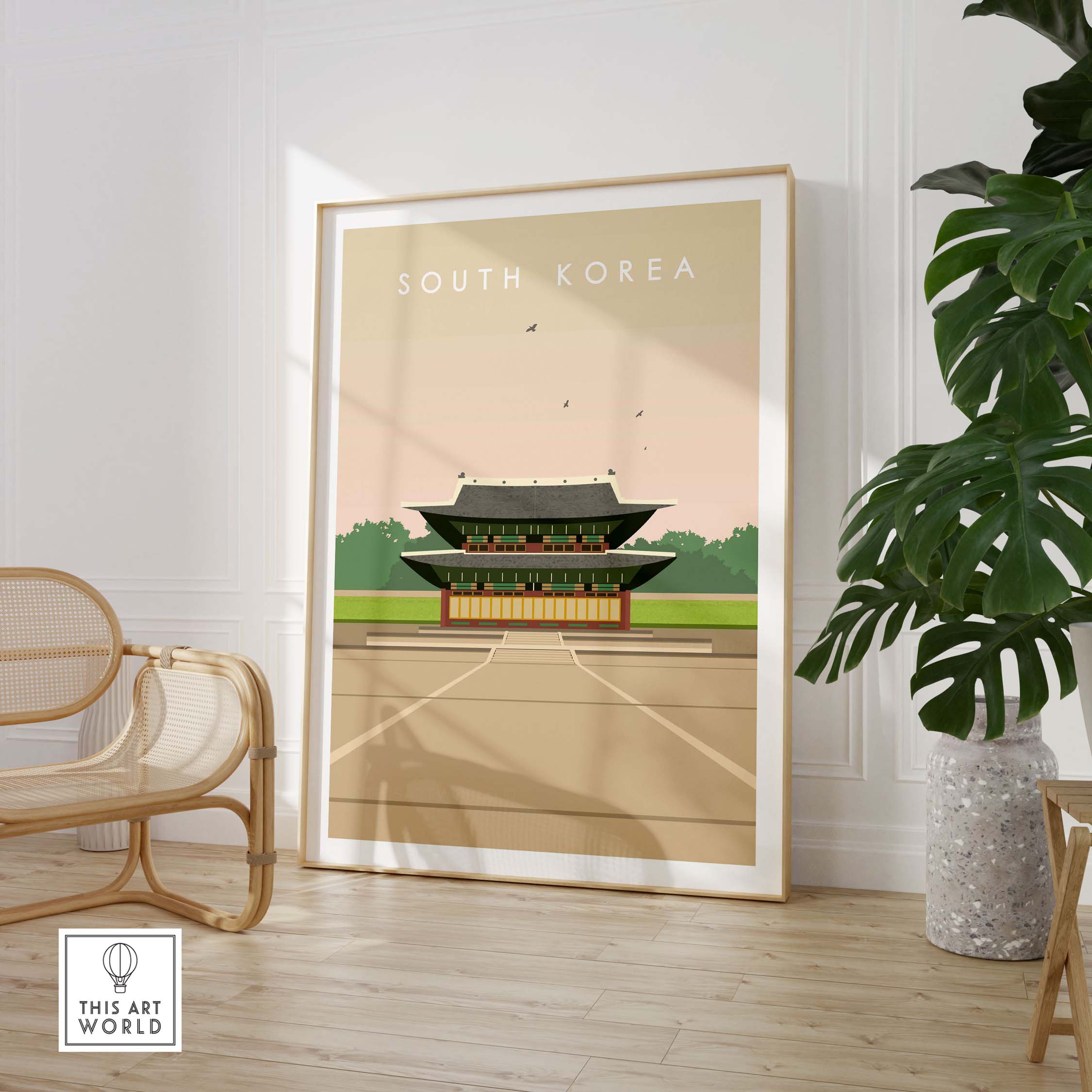 Vintage-inspired South Korea poster print showcasing traditional architecture, framed in a stylish interior setting.