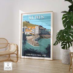 St Ives Poster Cornwall Print featuring coastal scenery and minimalist design in a stylish framed setting.