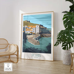 Cornwall St Ives poster print in a stylish frame, showcasing a coastal landscape in England, perfect for home decor.