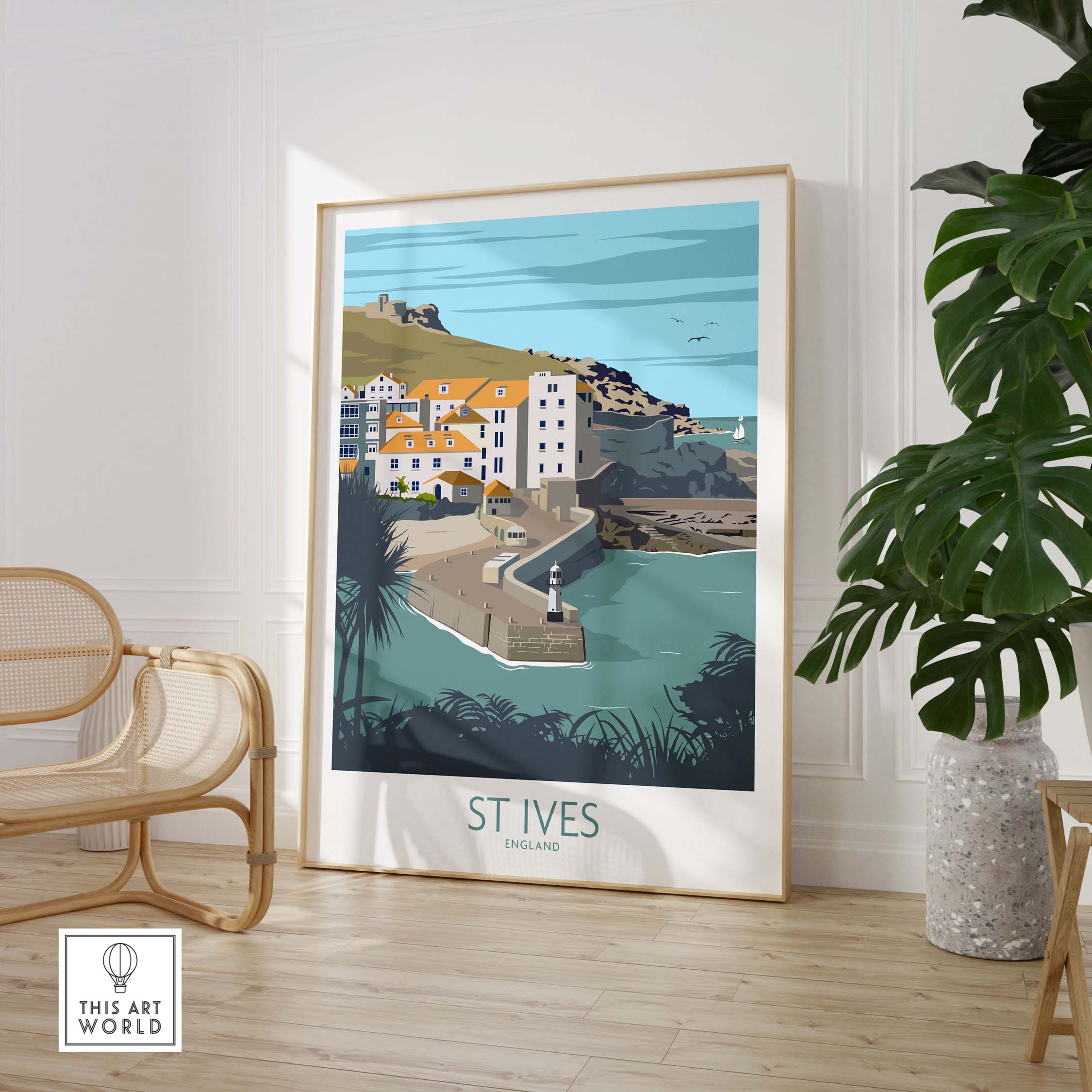 Cornwall St Ives poster print in a stylish frame, showcasing a coastal landscape in England, perfect for home decor.