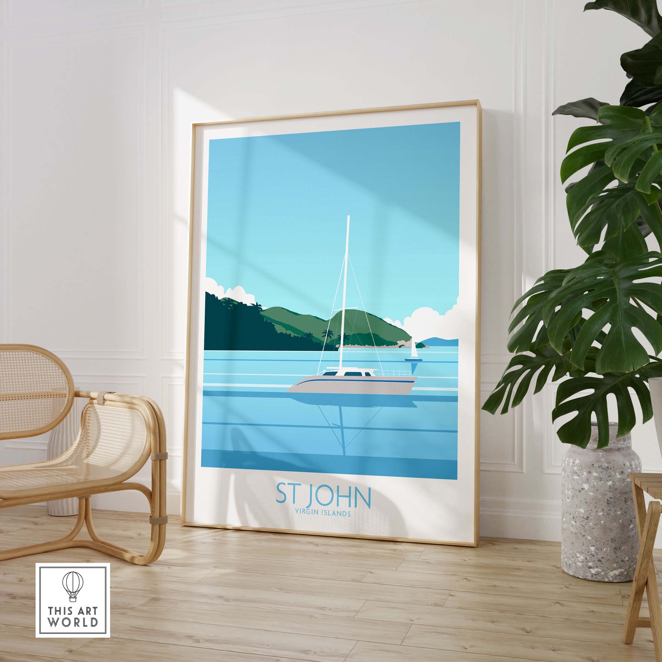 Virgin Islands Poster St John Print featuring a sailboat and tropical scenery, ideal for home or office decor.