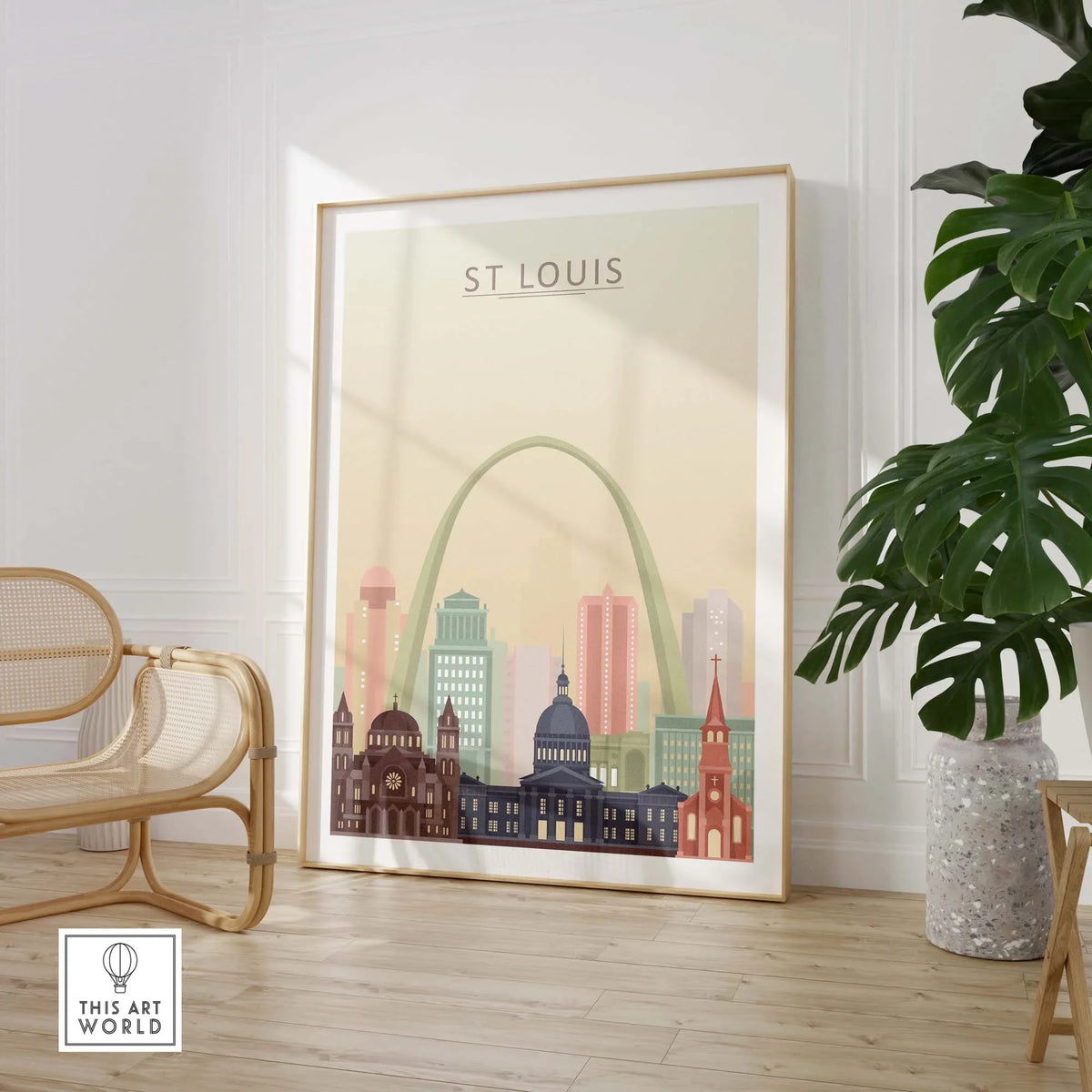 St Louis City Skyline Wall Art Print featuring iconic architecture in pastel colors, framed in a stylish interior setting.