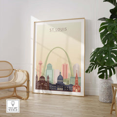 St Louis City Skyline Wall Art Print featuring iconic architecture in pastel colors, framed in a stylish interior setting.