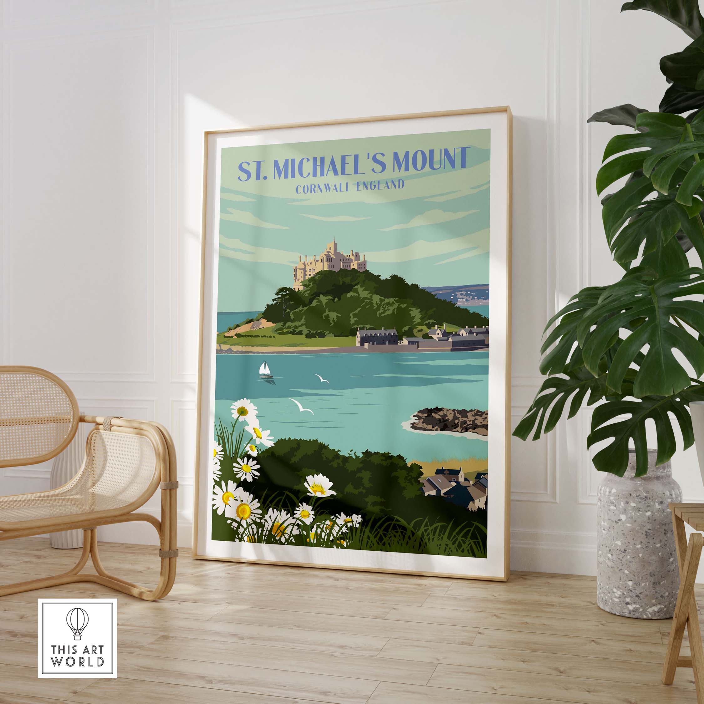 St Michael's Mount Print showcasing Cornwall's coastal landscape in vibrant colors with daisies in a stylish frame.