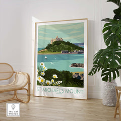 Cornwall print of St Michael's Mount featuring vintage travel art style with coastal scenery and daisies.
