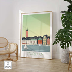 Stockholm Print Sweden Poster featuring a scenic waterfront view, perfect for travel art lovers and home decor.