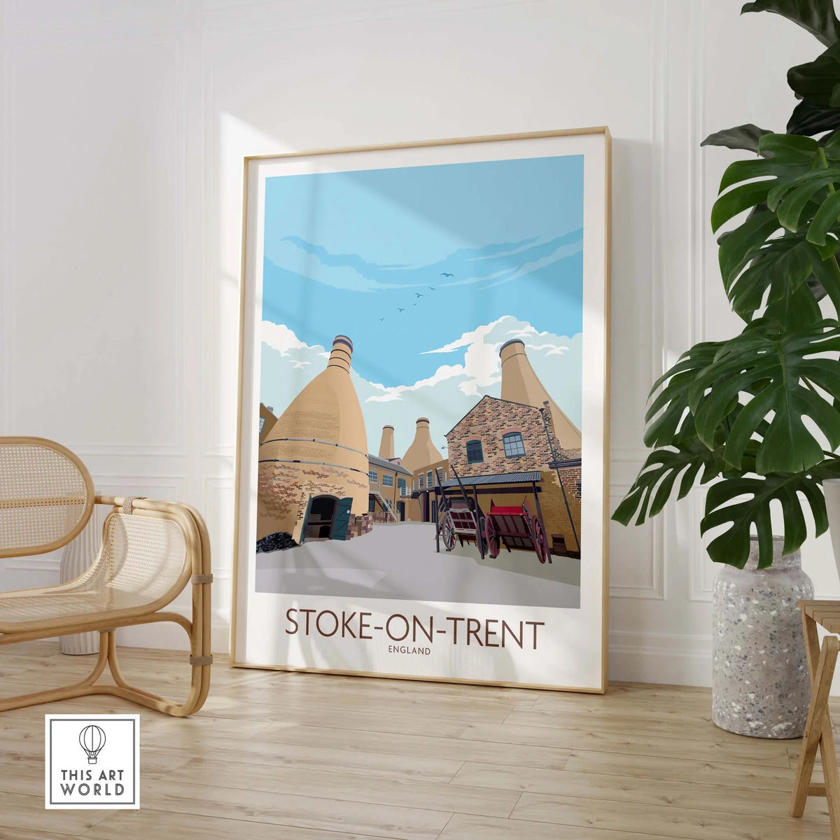 Stoke on Trent vintage travel print framed in modern decor showcasing iconic pottery works.