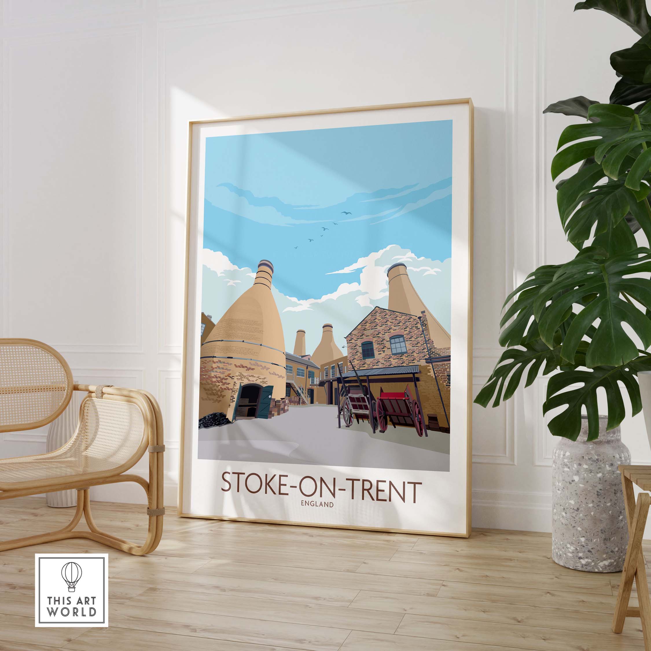 Stoke on Trent vintage travel print framed in modern decor showcasing iconic pottery works.