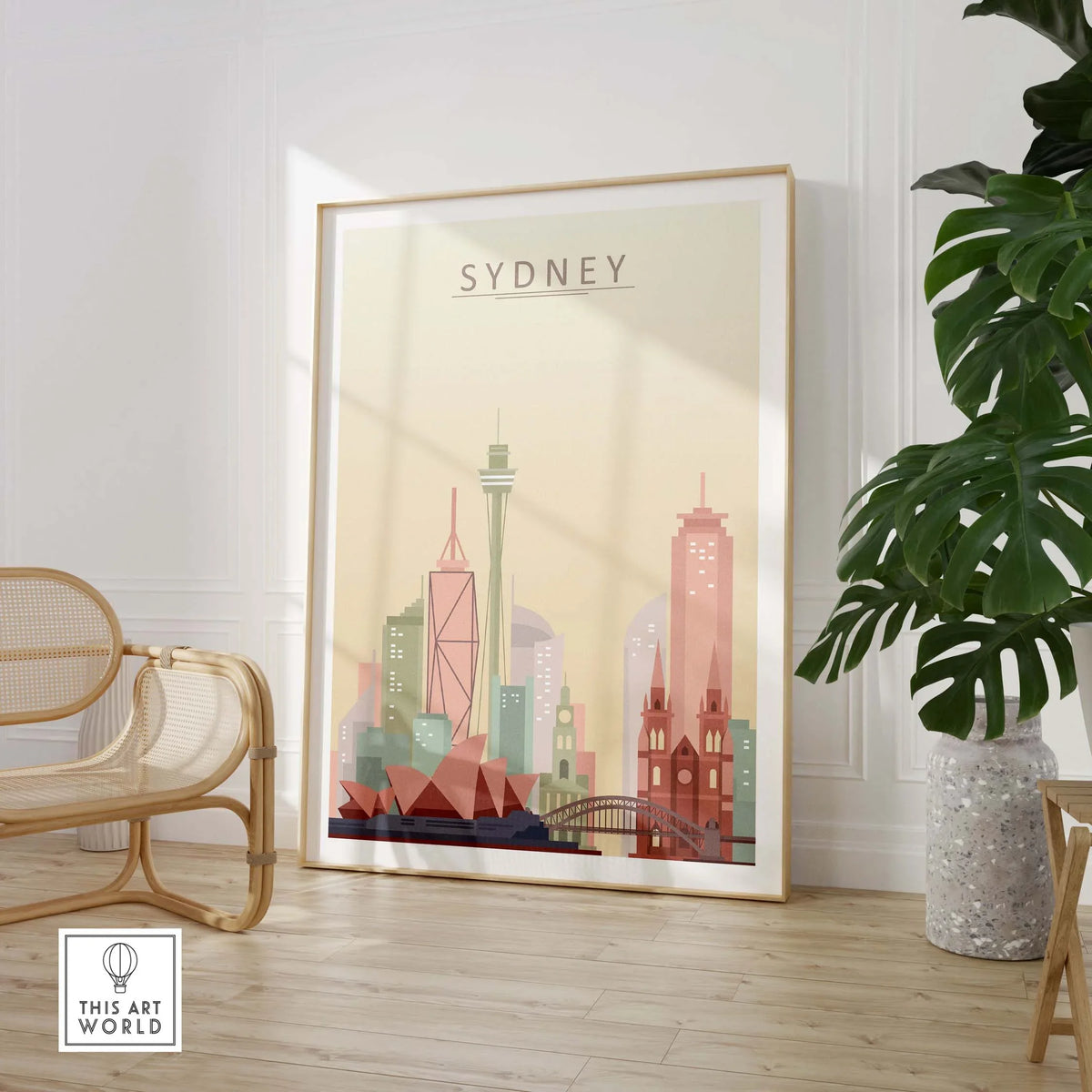 Sydney City Skyline Print showcasing iconic landmarks in pastel tones, perfect for wall art decor.