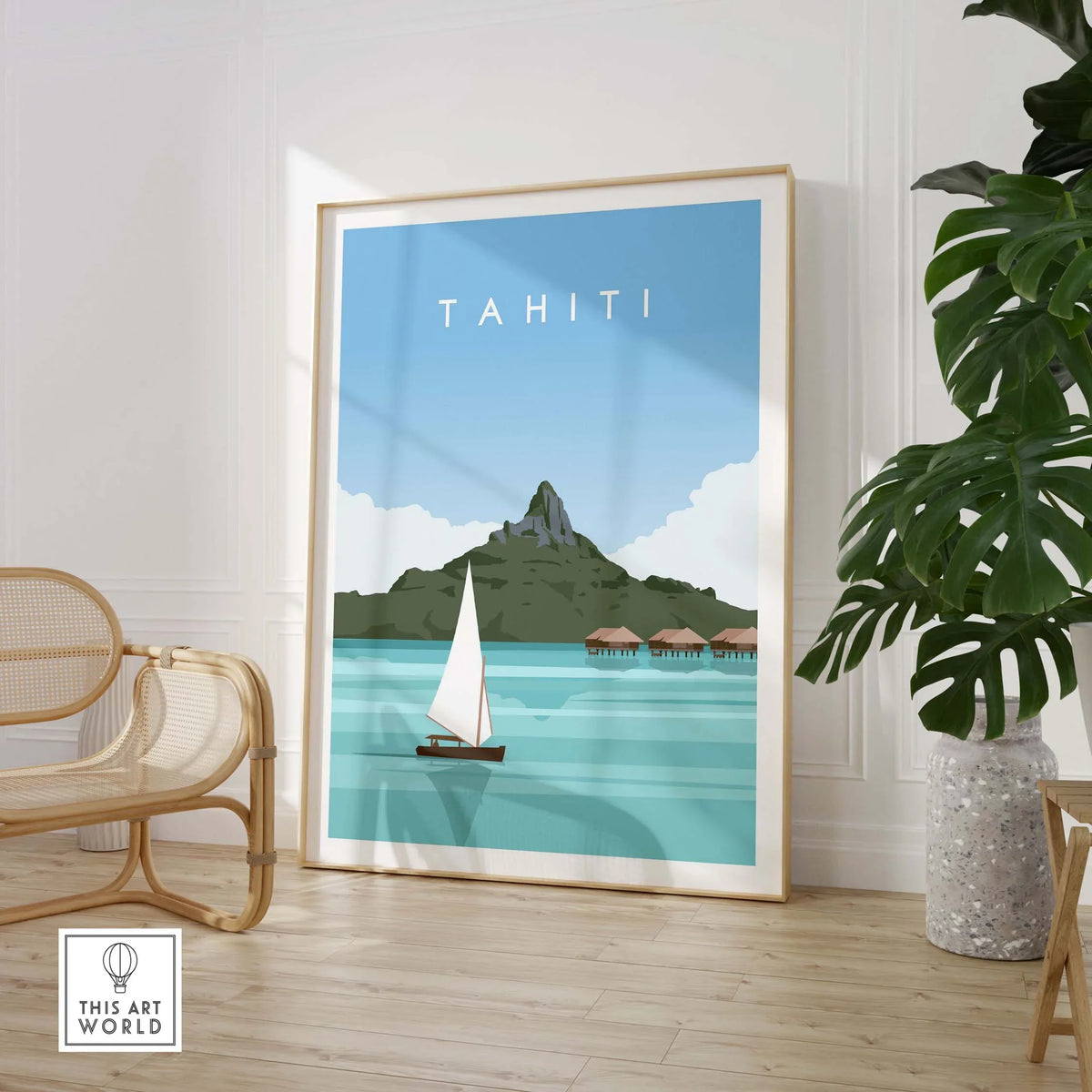 Tahiti poster travel print featuring a sailboat and scenic mountain backdrop, ideal for home or office decor.