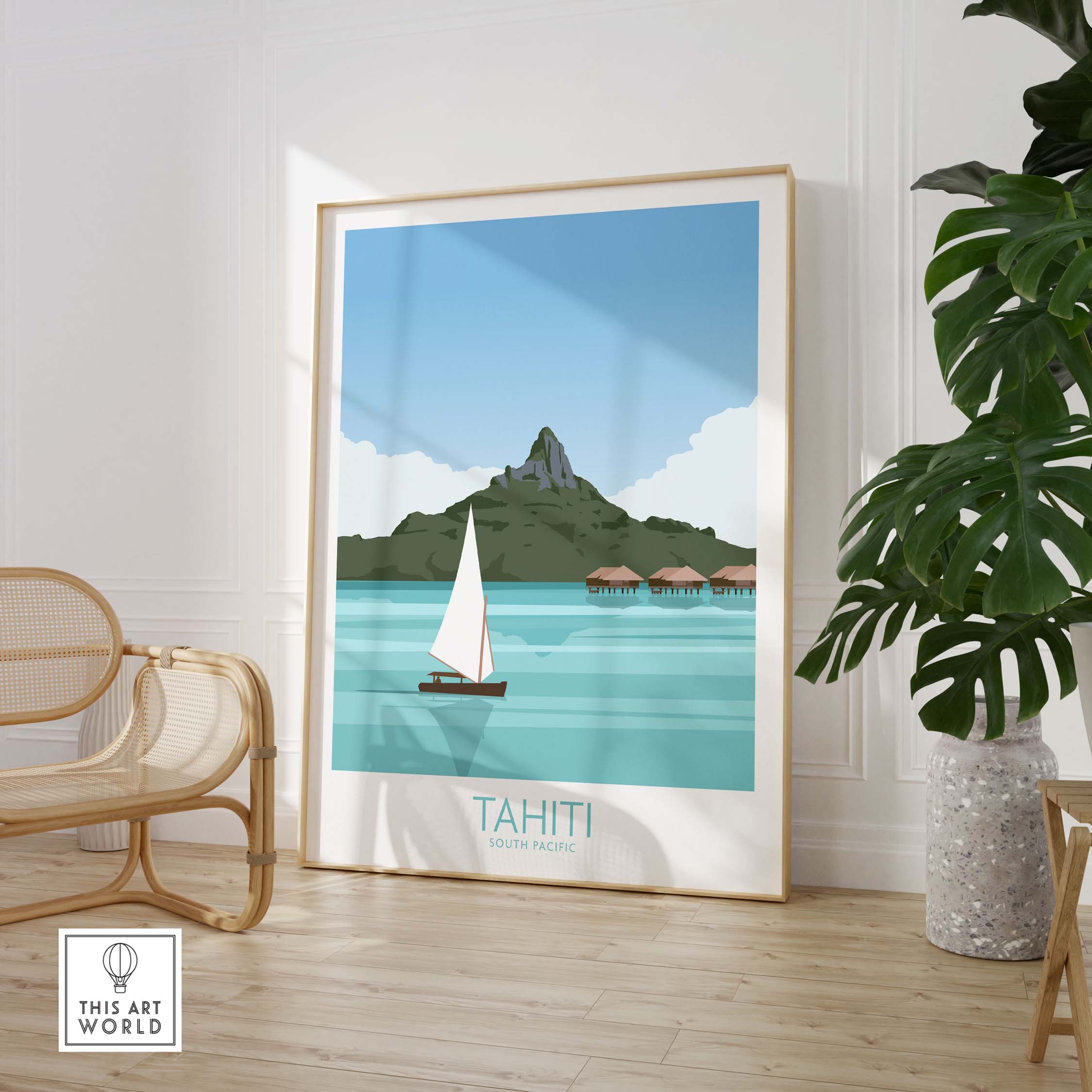 Tahiti art print travel poster featuring sailboat and mountain scene, perfect for home decor.