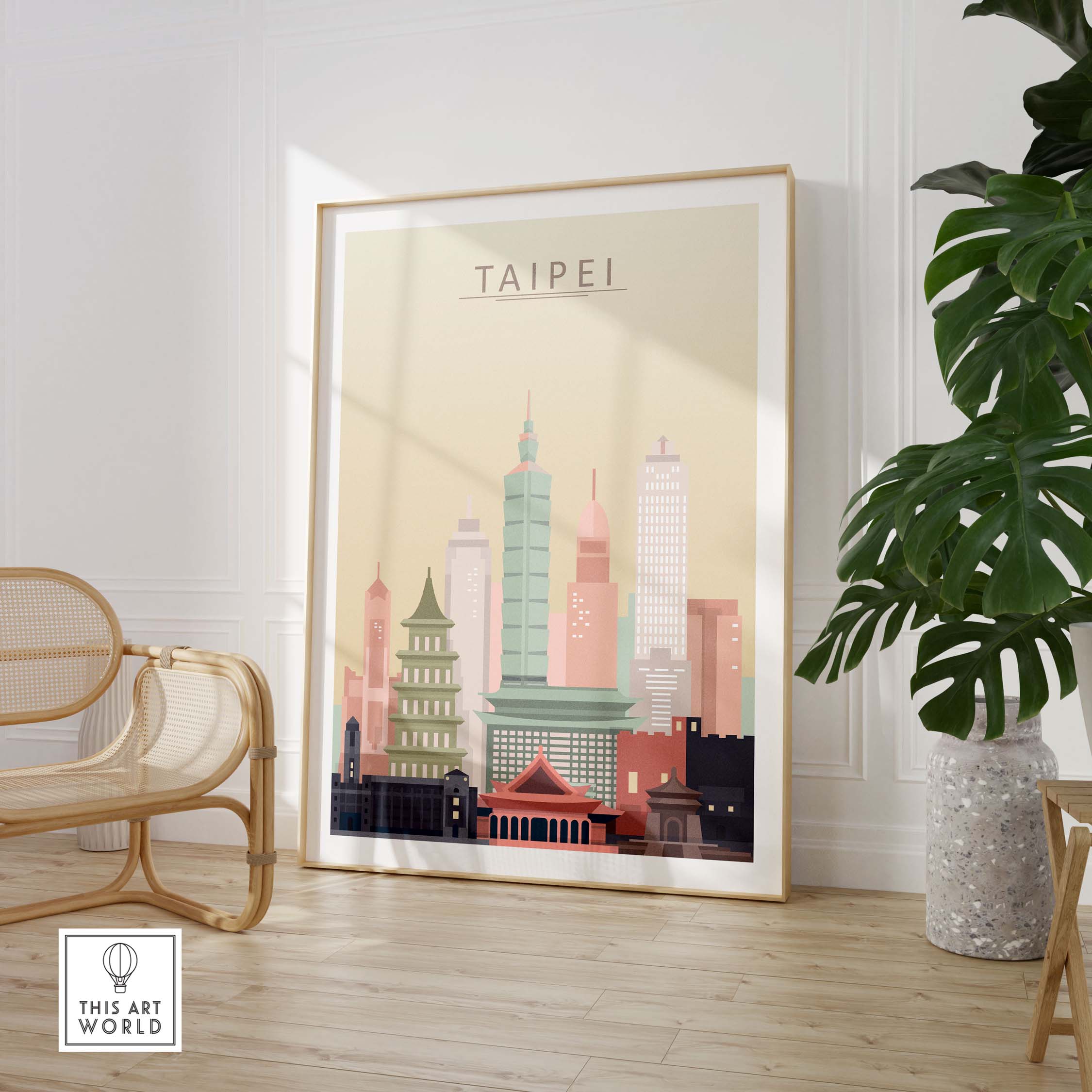 Taipei skyline wall art print in pastel tones displayed in a modern interior setting with plants.