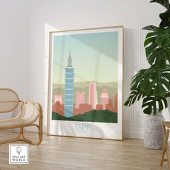 Taipei Print Taiwan Travel Poster featuring Taipei 101 skyline in a stylish living room setting.