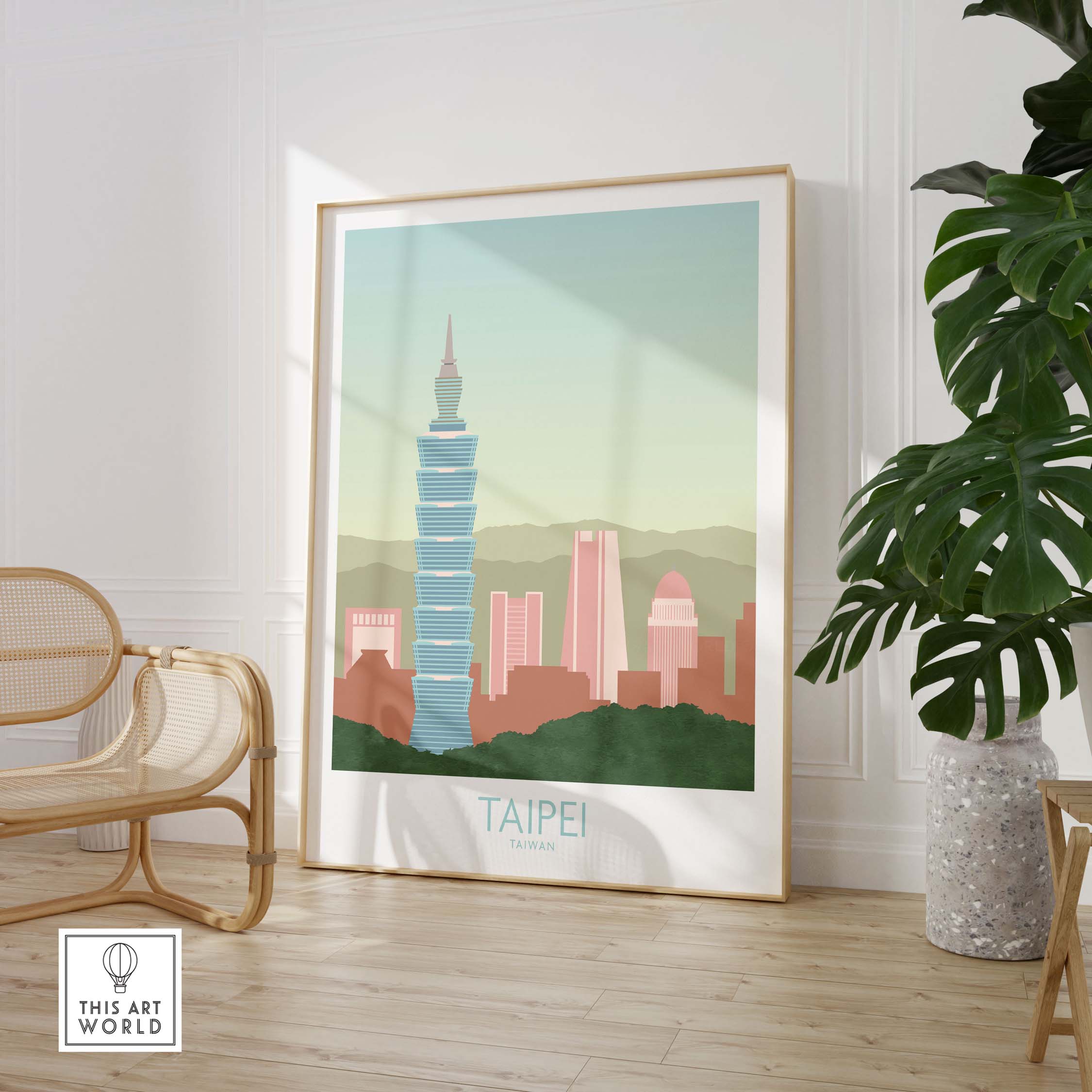 Taipei Print Taiwan Travel Poster featuring Taipei 101 skyline in a stylish living room setting.