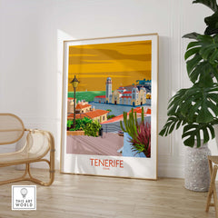 Tenerife Poster Spain Print featuring a vibrant illustration of the island's landscape and architecture.