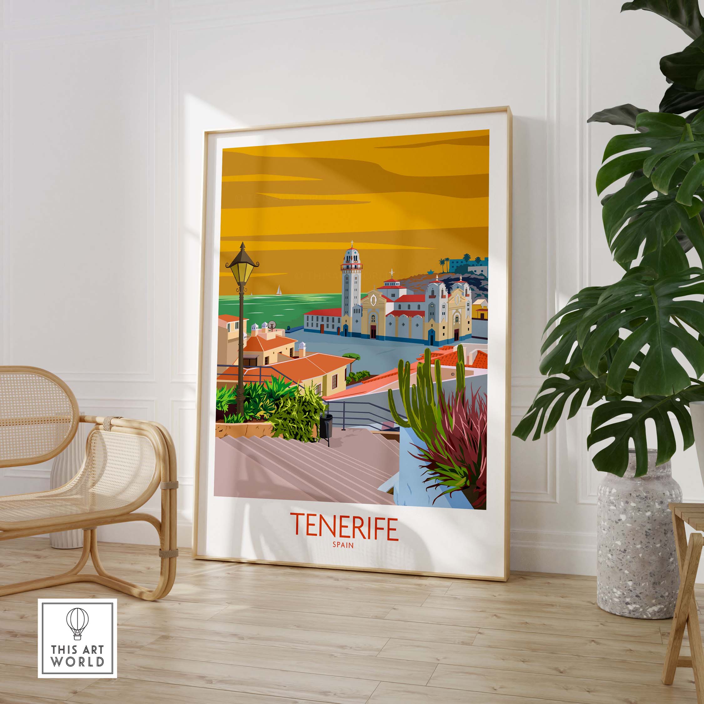 Tenerife Poster Spain Print featuring a vibrant illustration of the island's landscape and architecture.