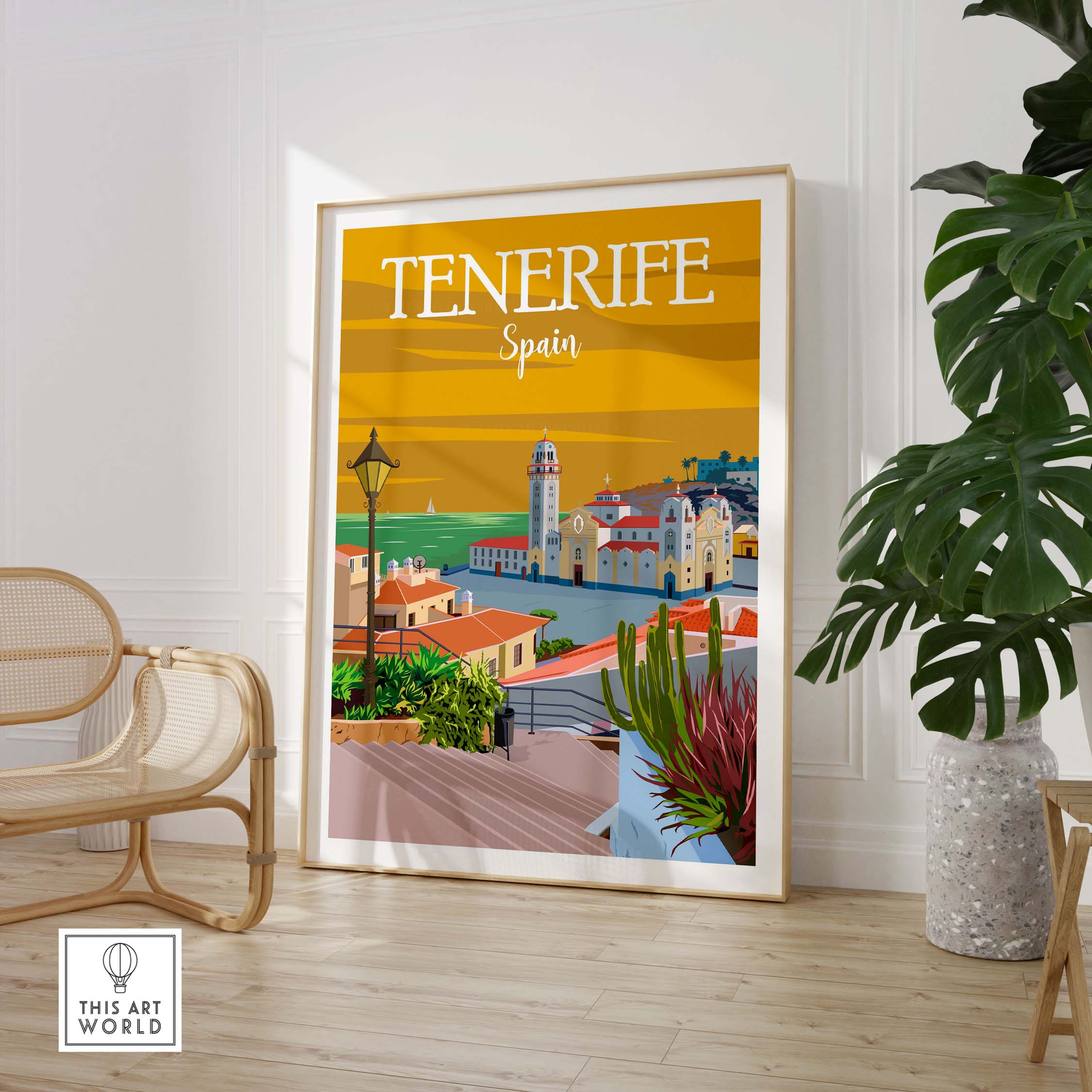 Tenerife Poster Print Wall Art showcasing a vibrant vintage design in a stylish interior setting.