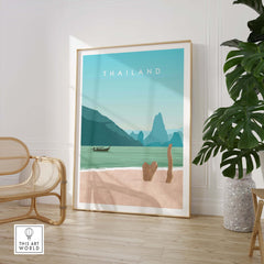 Thailand travel wall art poster featuring serene beach and mountain scenery in a stylish interior.