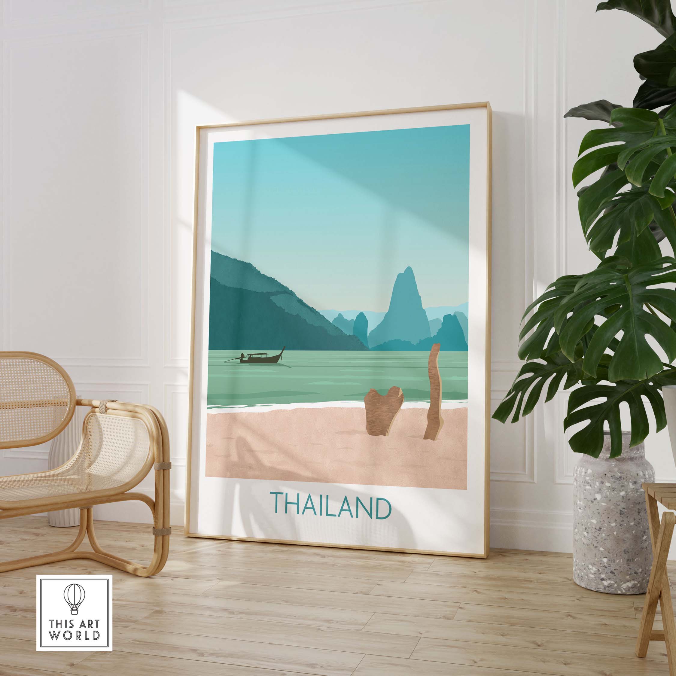 Thailand print travel poster showcasing iconic beach and mountains, ideal for home or office decor.